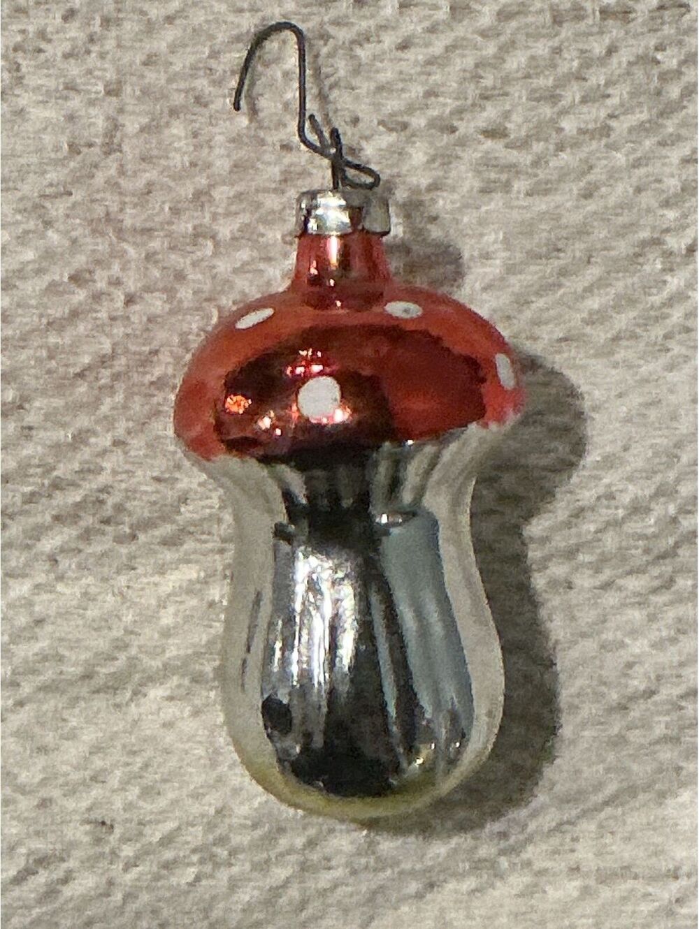 Vintage Blown Glass Mushroom Christmas Ornament, Red & White Toadstool